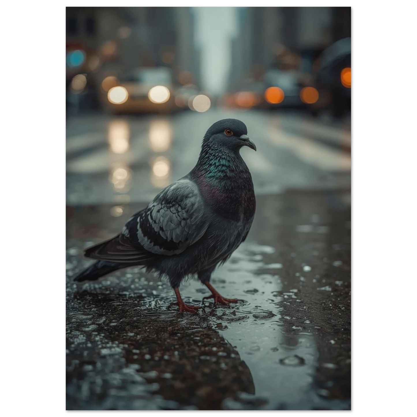 Detaljrik bild av en duvas fjäderdräkt i en regnig storstadsmiljö med bokeh-effekt