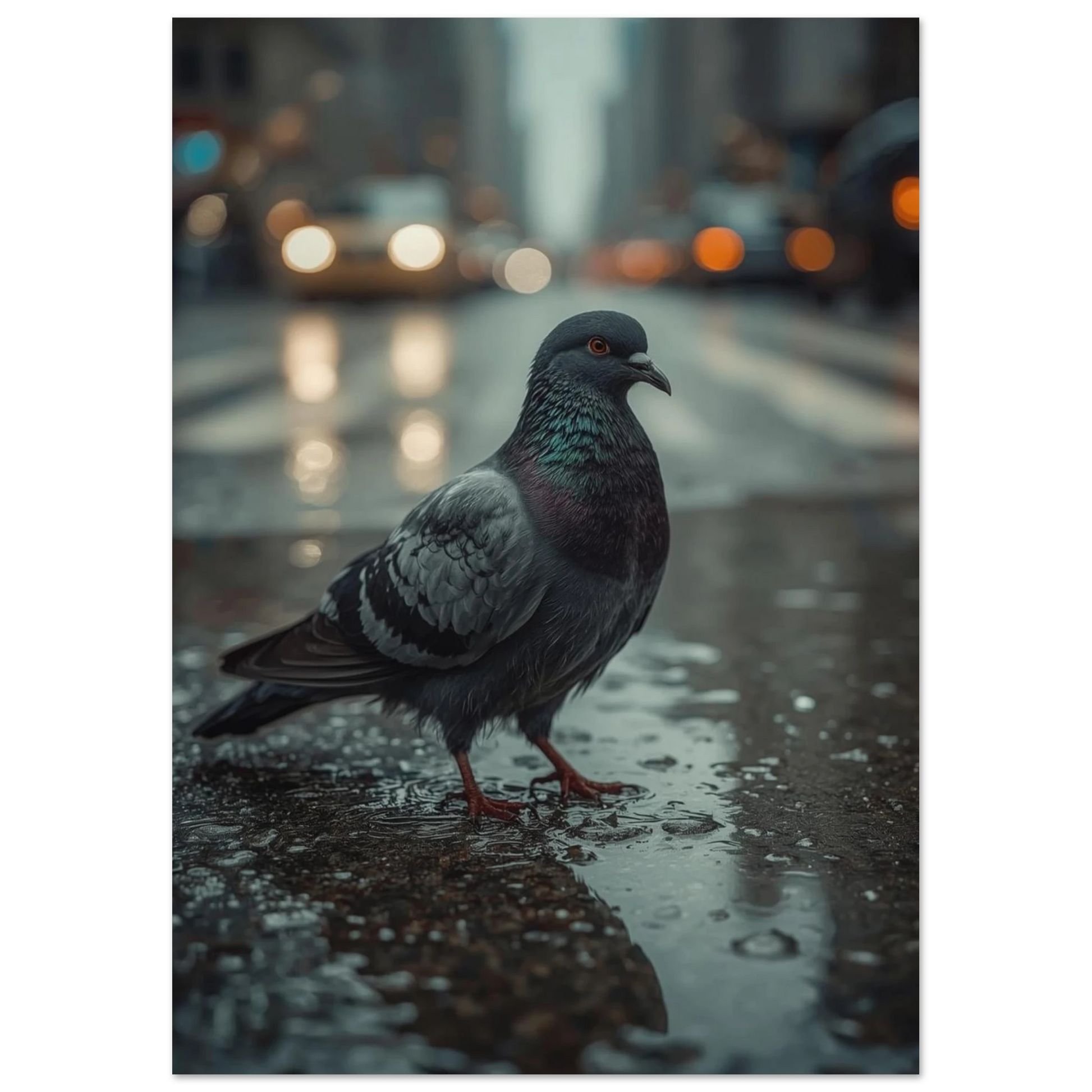 Detaljrik bild av en duvas fjäderdräkt i en regnig storstadsmiljö med bokeh-effekt