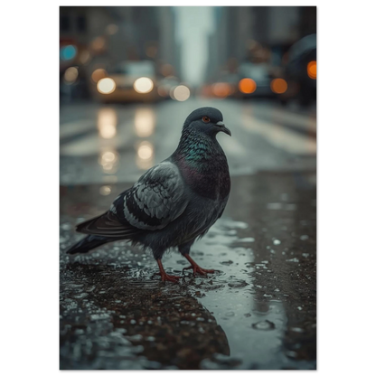 Detaljrik bild av en duvas fjäderdräkt i en regnig storstadsmiljö med bokeh-effekt