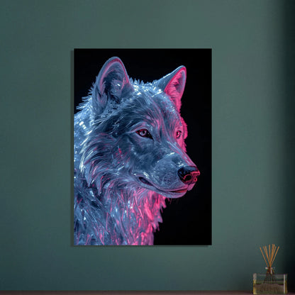Varg skulpterad i transparent material med neonrosa och blått ljus