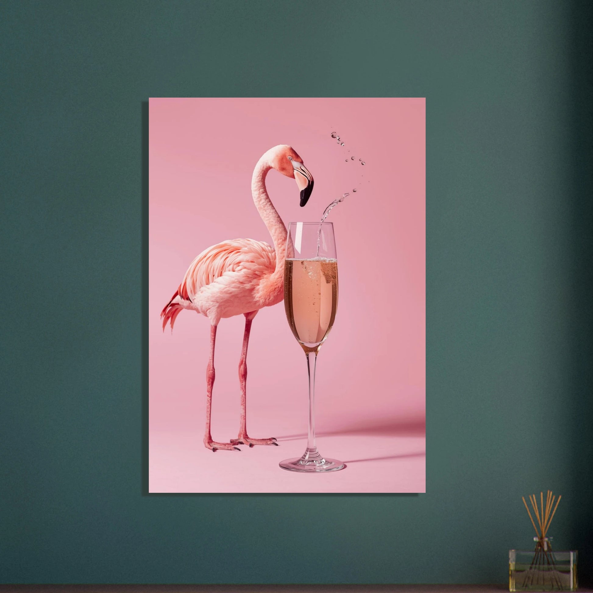 Flamingo med champagneglas på rosa bakgrund, festlig och elegant