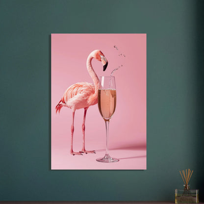 Flamingo med champagneglas på rosa bakgrund, festlig och elegant