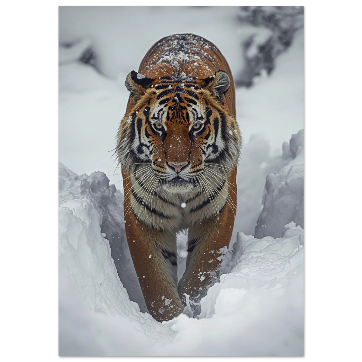 Sibirisk tiger vandrar genom djup snö i ett dramatiskt vinterlandskap