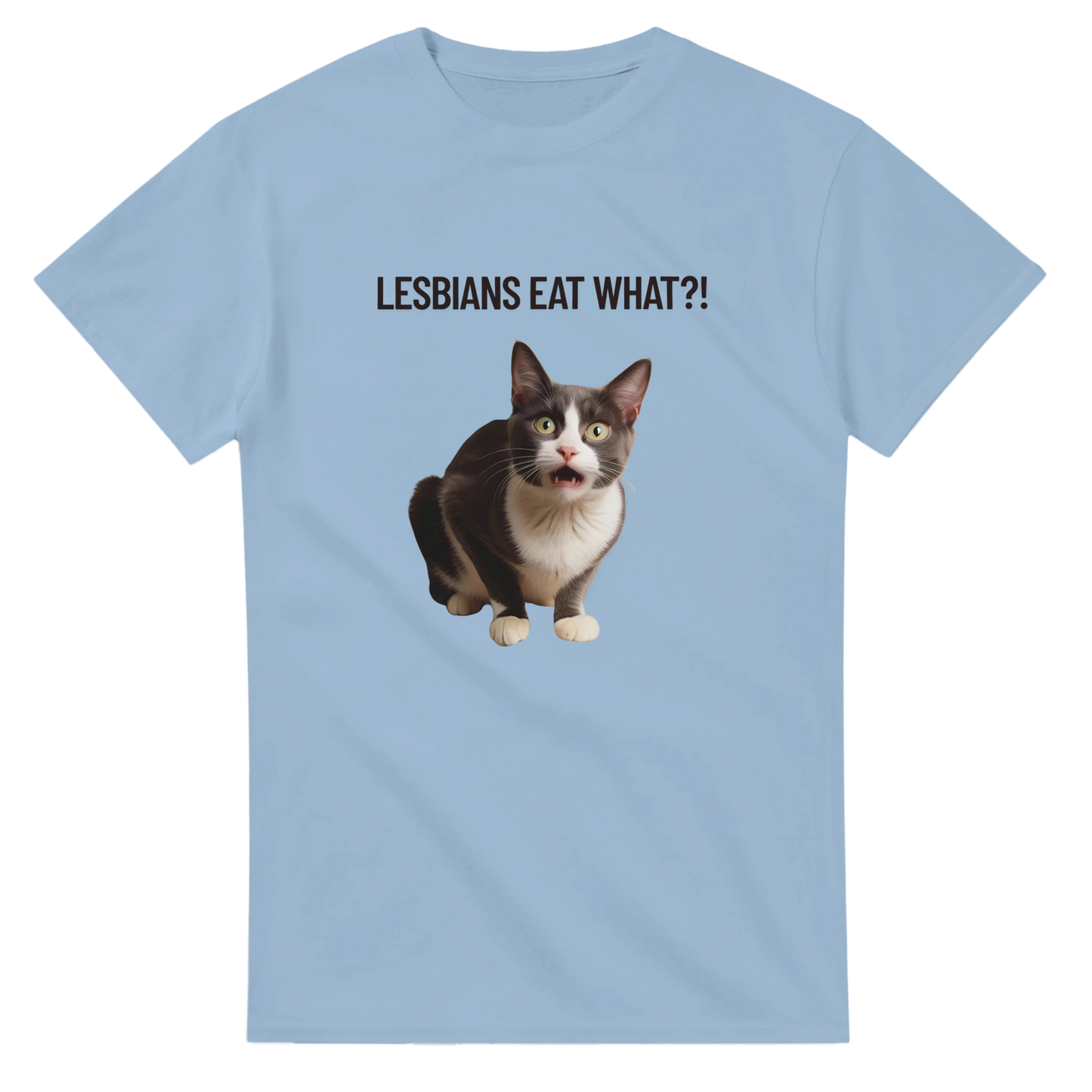 Ljusblå t-shirt med roligt kattprint och kaxig text i svart