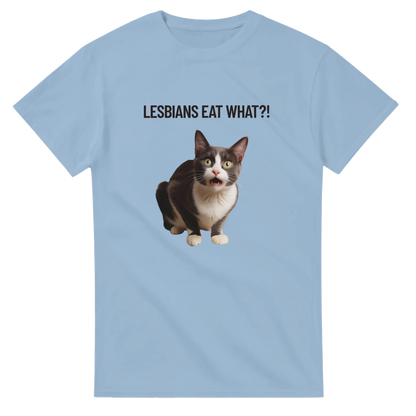 Ljusblå t-shirt med roligt kattprint och kaxig text i svart