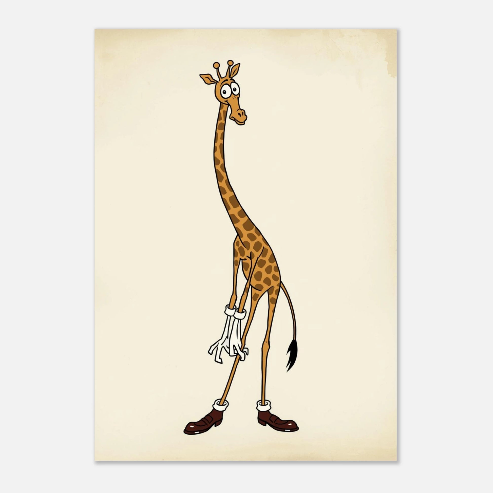 Karaktärsfull giraff i brun-gula toner med vita handskar som väggkonst