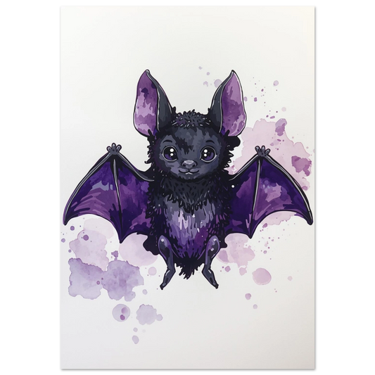 Söt lila fladdermus med stora ögon i akvarellstil, vit bakgrund