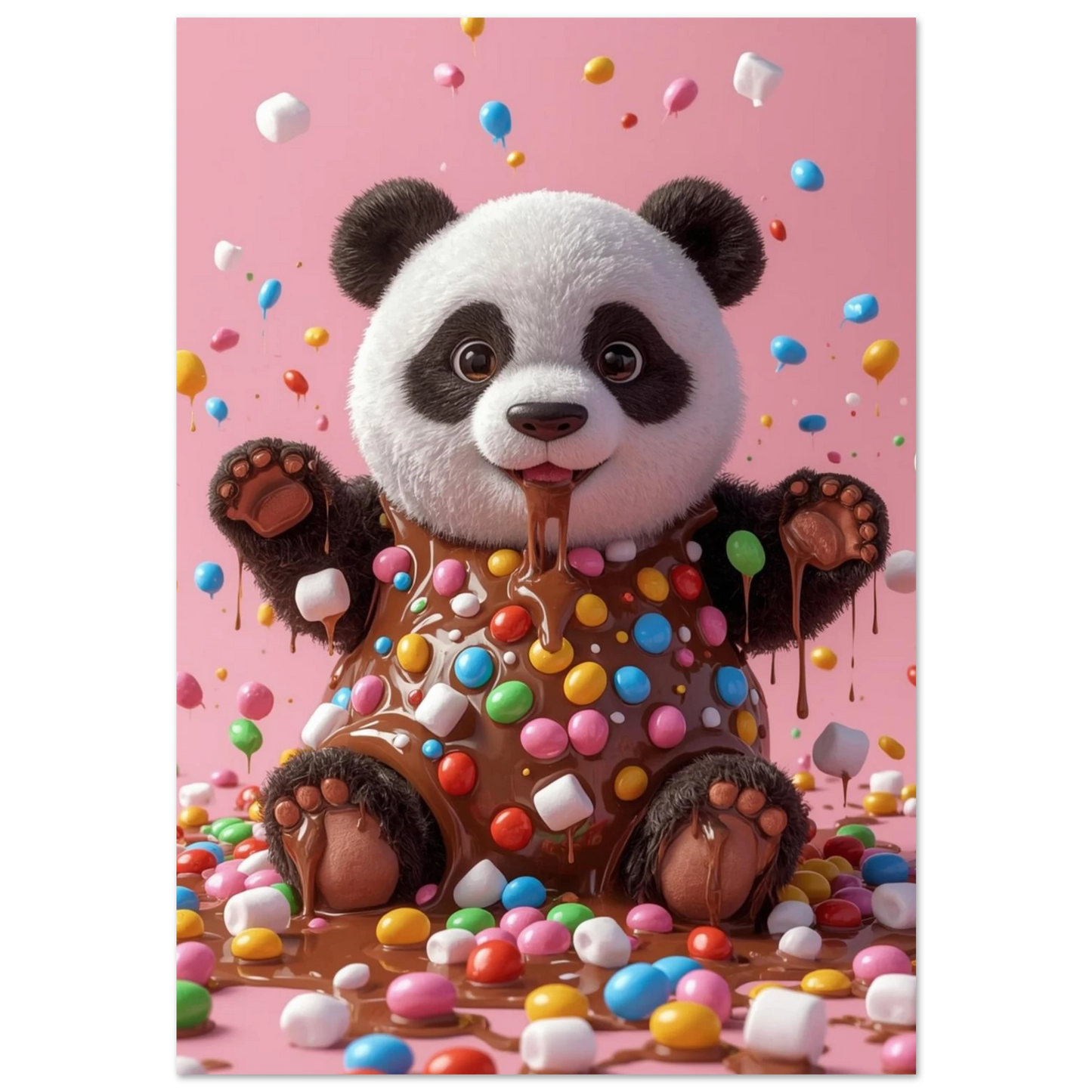 Söt panda täckt i rinnande choklad och färgglada chokladlinser mot rosa bakgrund