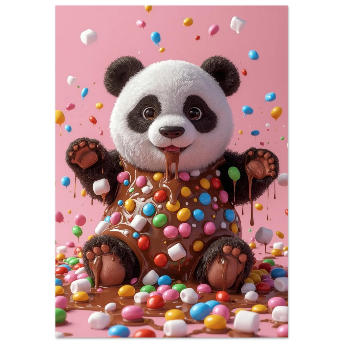 Söt panda täckt i rinnande choklad och färgglada chokladlinser mot rosa bakgrund