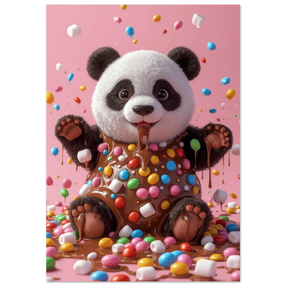 Söt panda täckt i rinnande choklad och färgglada chokladlinser mot rosa bakgrund
