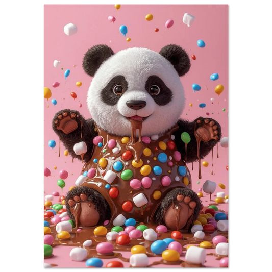Söt panda täckt i rinnande choklad och färgglada chokladlinser mot rosa bakgrund