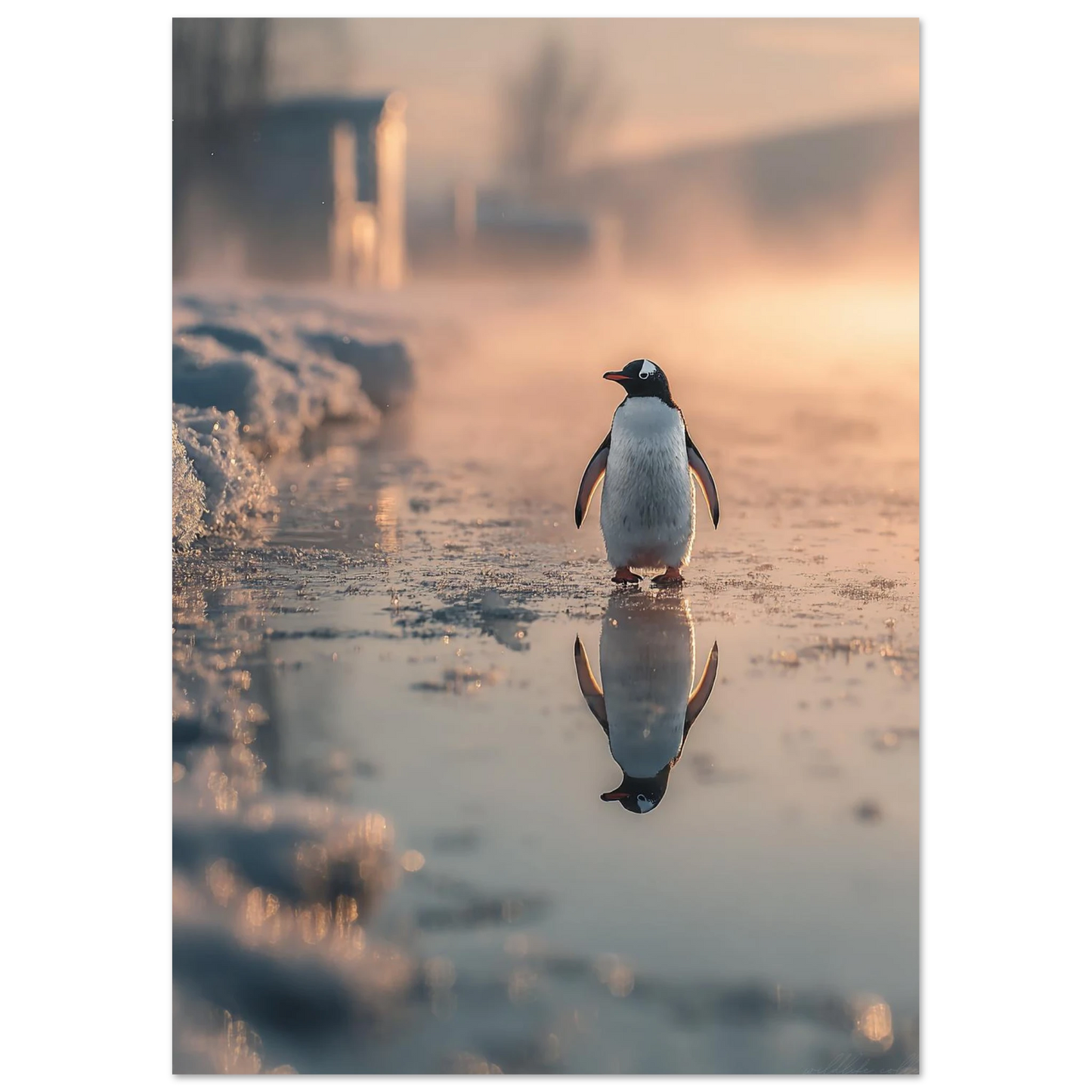 Stämningsfull bild av en pingvin som speglas i en vattenpöl – Fotorealistisk poster