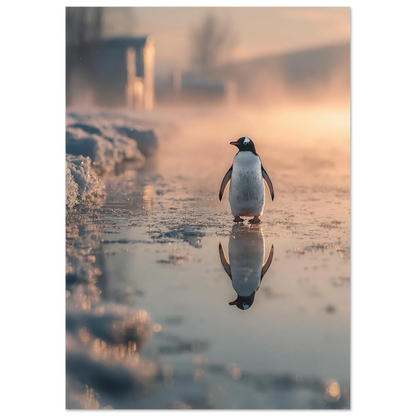 Stämningsfull bild av en pingvin som speglas i en vattenpöl – Fotorealistisk poster