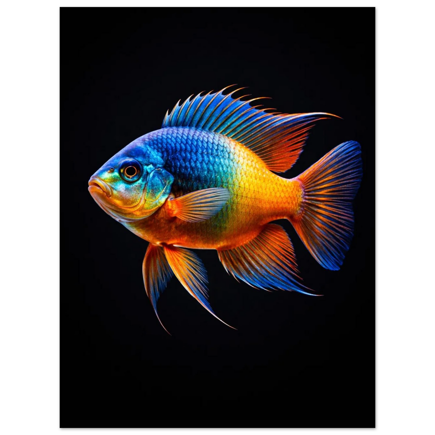 Abstrakt fiskmotiv med glödande fjäll i gult och blått – djurmotiv print