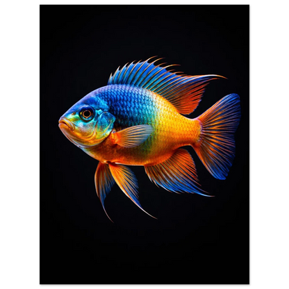 Abstrakt fiskmotiv med glödande fjäll i gult och blått – djurmotiv print