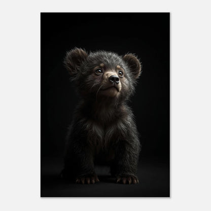 Rektangulär poster med björnunge och mörk bakgrund, sedd ur ett bredare perspektiv – Fotorealistisk poster