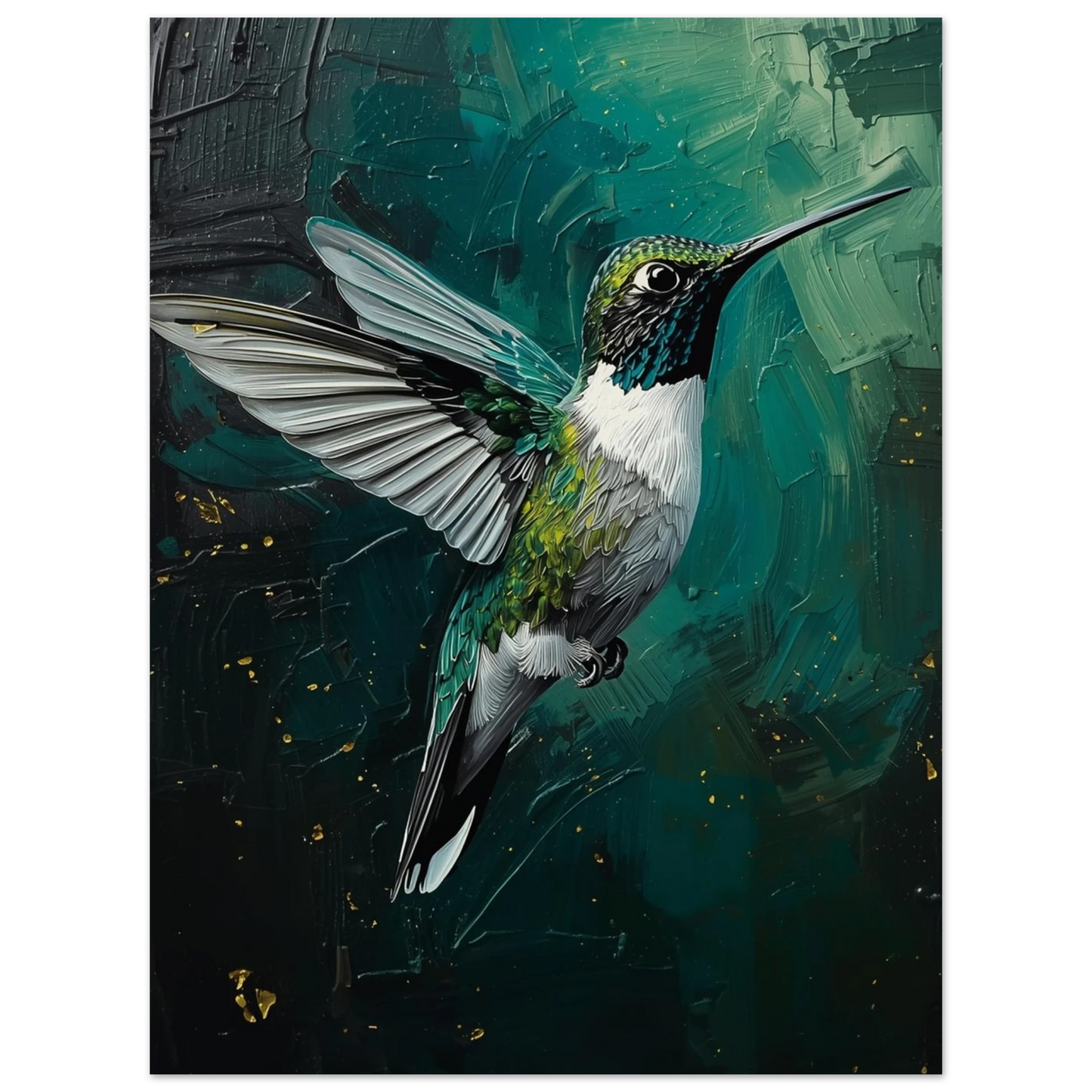 Abstrakt naturmotiv med en svävande kolibri i smaragdgröna och djupblå toner