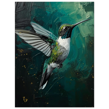Abstrakt naturmotiv med en svävande kolibri i smaragdgröna och djupblå toner