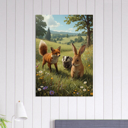 Målad poster på en vägg föreställande en kanin, räv och grävling i somrigt landskap. – Målad poster