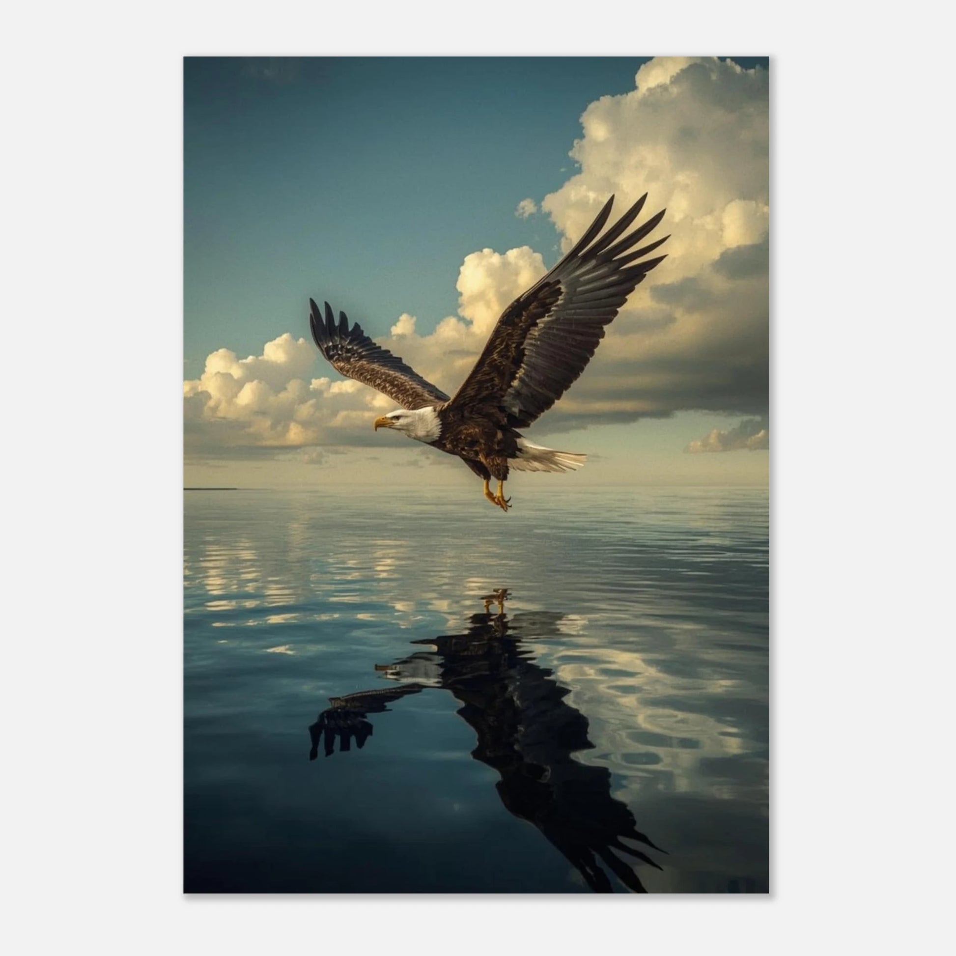 Kraftfull örn i profil över reflekterande vatten under en vidsträckt himmel