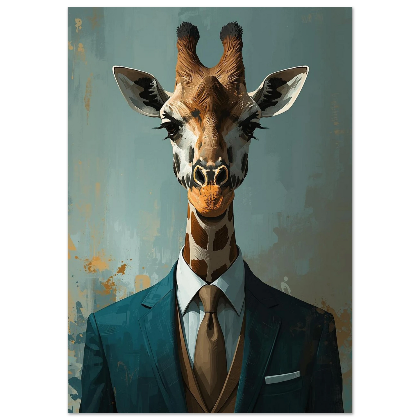 Giraff i mörkblå kostym och brun slips – målad poster