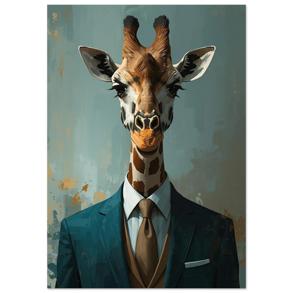 Giraff i mörkblå kostym och brun slips – målad poster