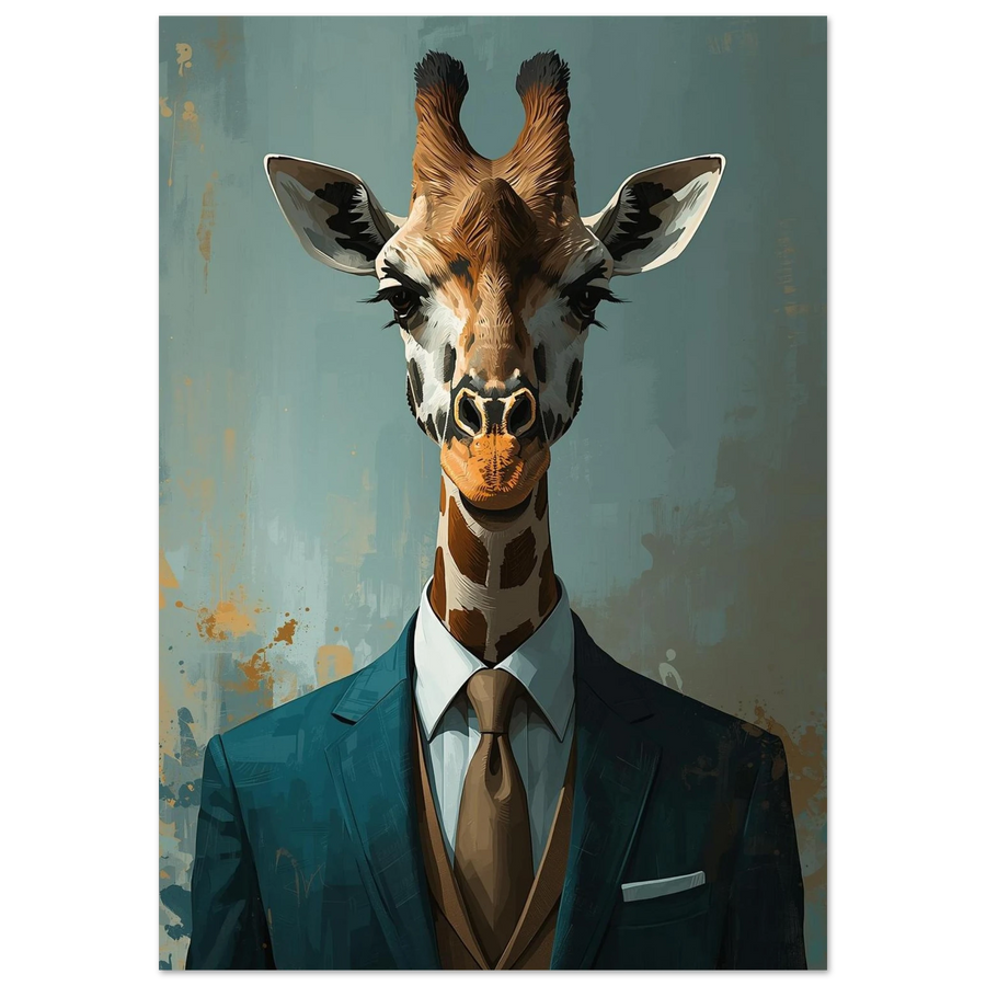 Giraff i mörkblå kostym och brun slips – målad poster