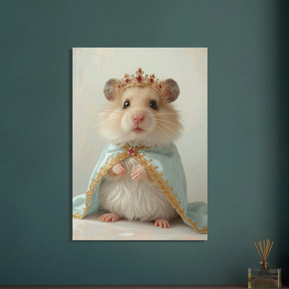 Hamster med kunglig krona och blå mantel, sagolik stämning