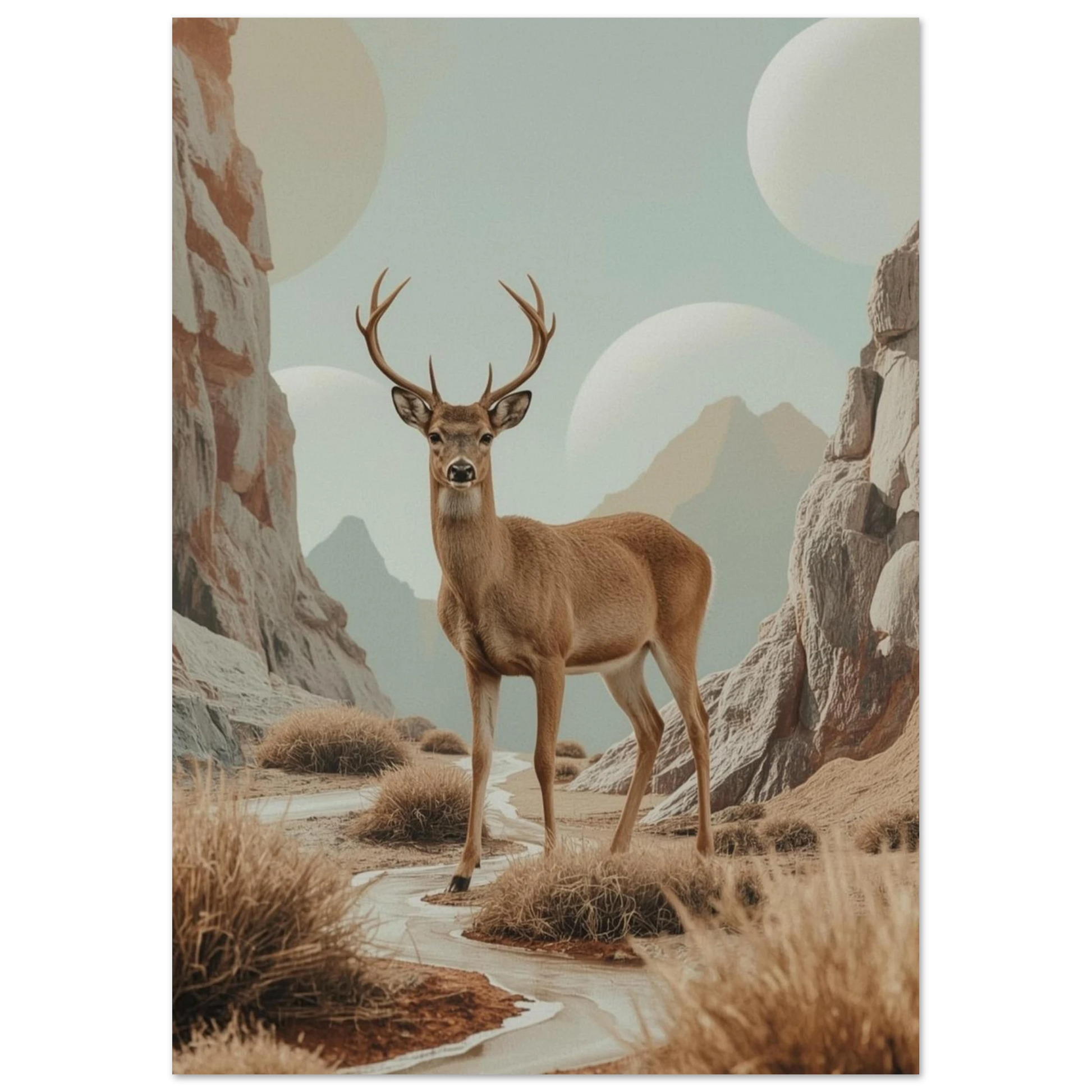 Surrealistisk illustration av en hjort vid en bäck i sandfärgad öken