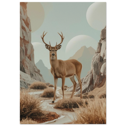 Surrealistisk illustration av en hjort vid en bäck i sandfärgad öken