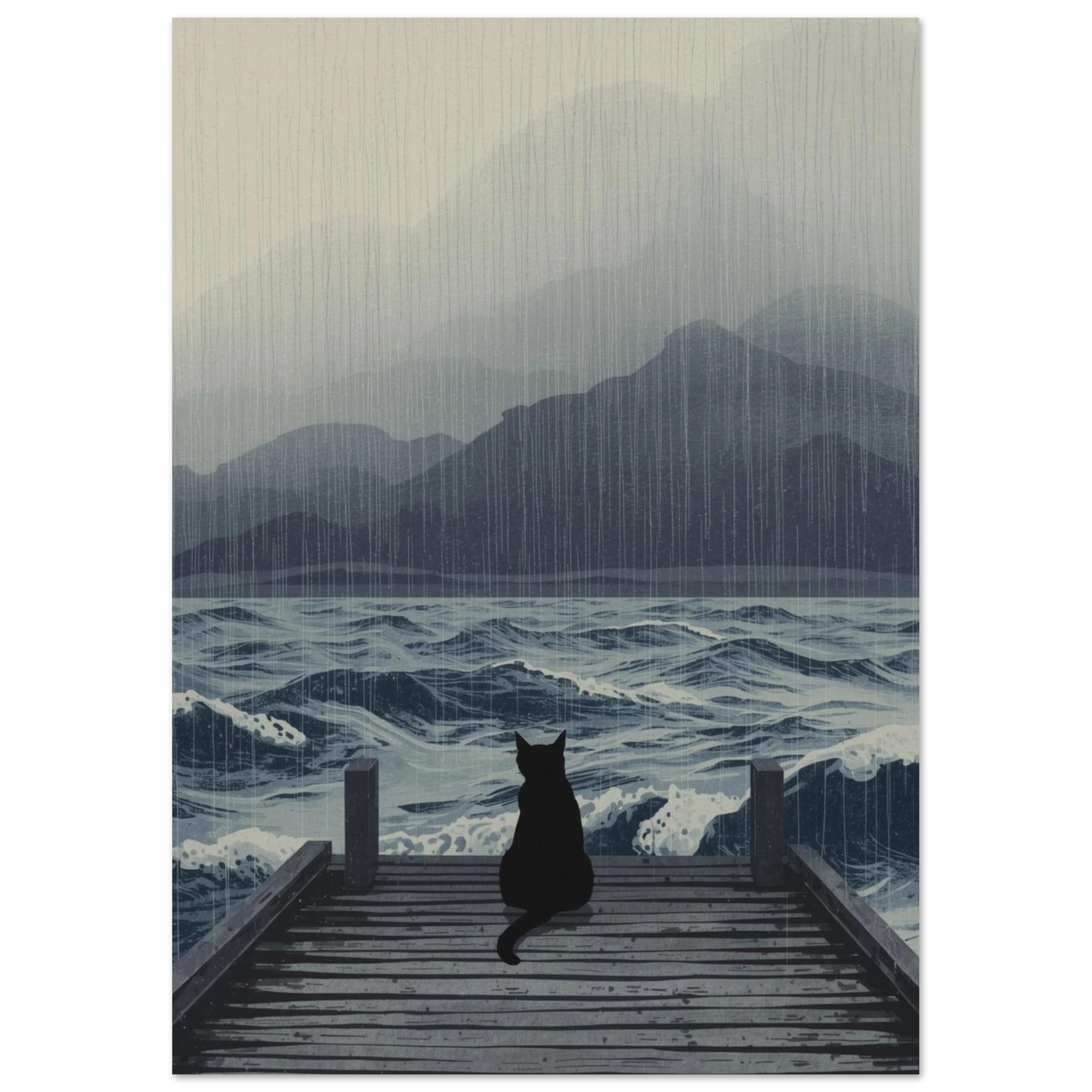 Kattmotiv i dämpade gråblå toner med regn över vågigt hav – print