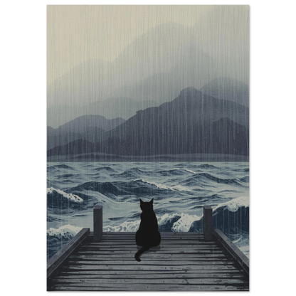 Kattmotiv i dämpade gråblå toner med regn över vågigt hav – print