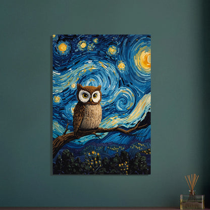 Uggla på gren under virvlande stjärnhimmel, konstnärlig och drömlik.