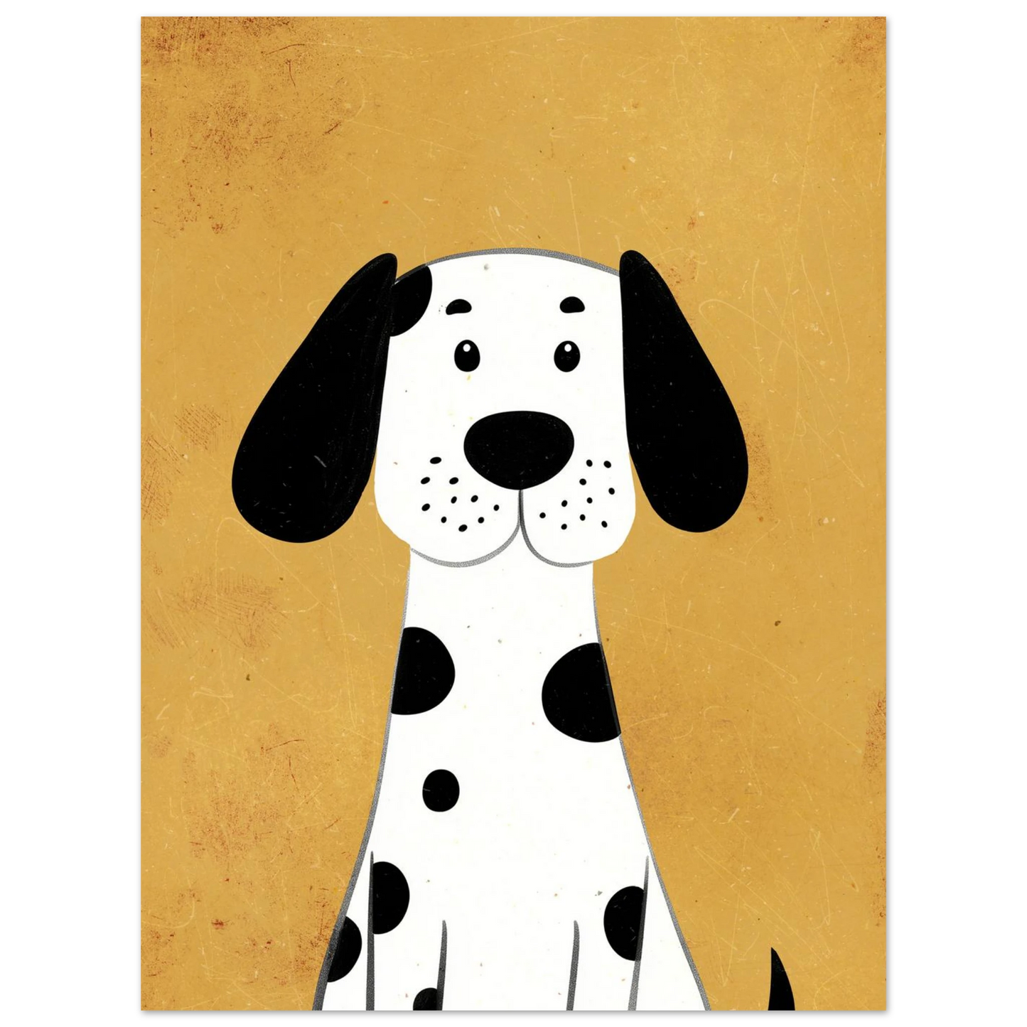Minimalistisk hundillustration med texturerad gul bakgrund och svarta detaljer