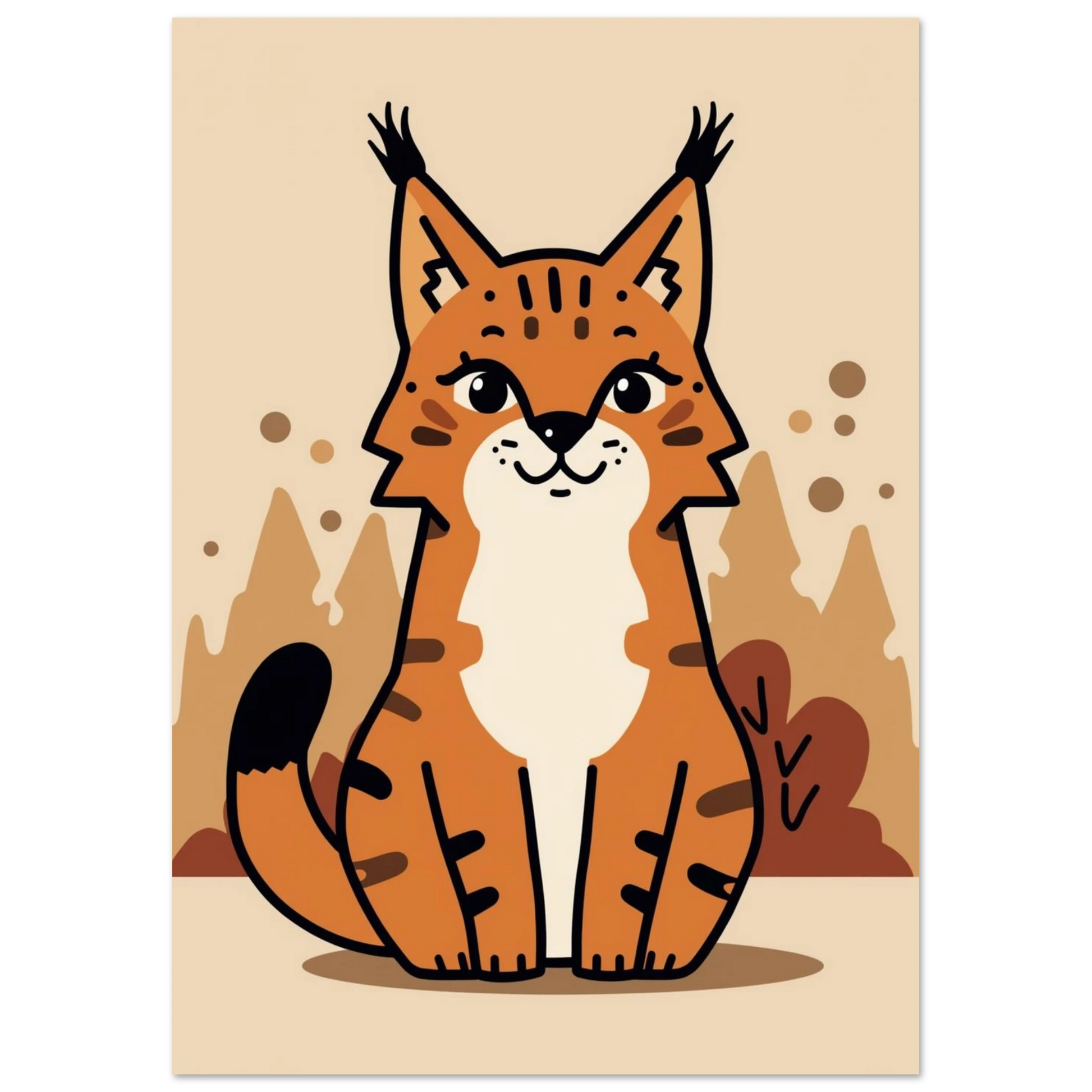 Lekfull djurposter föreställande ett stiliserat lodjur i modern illustrationsstil