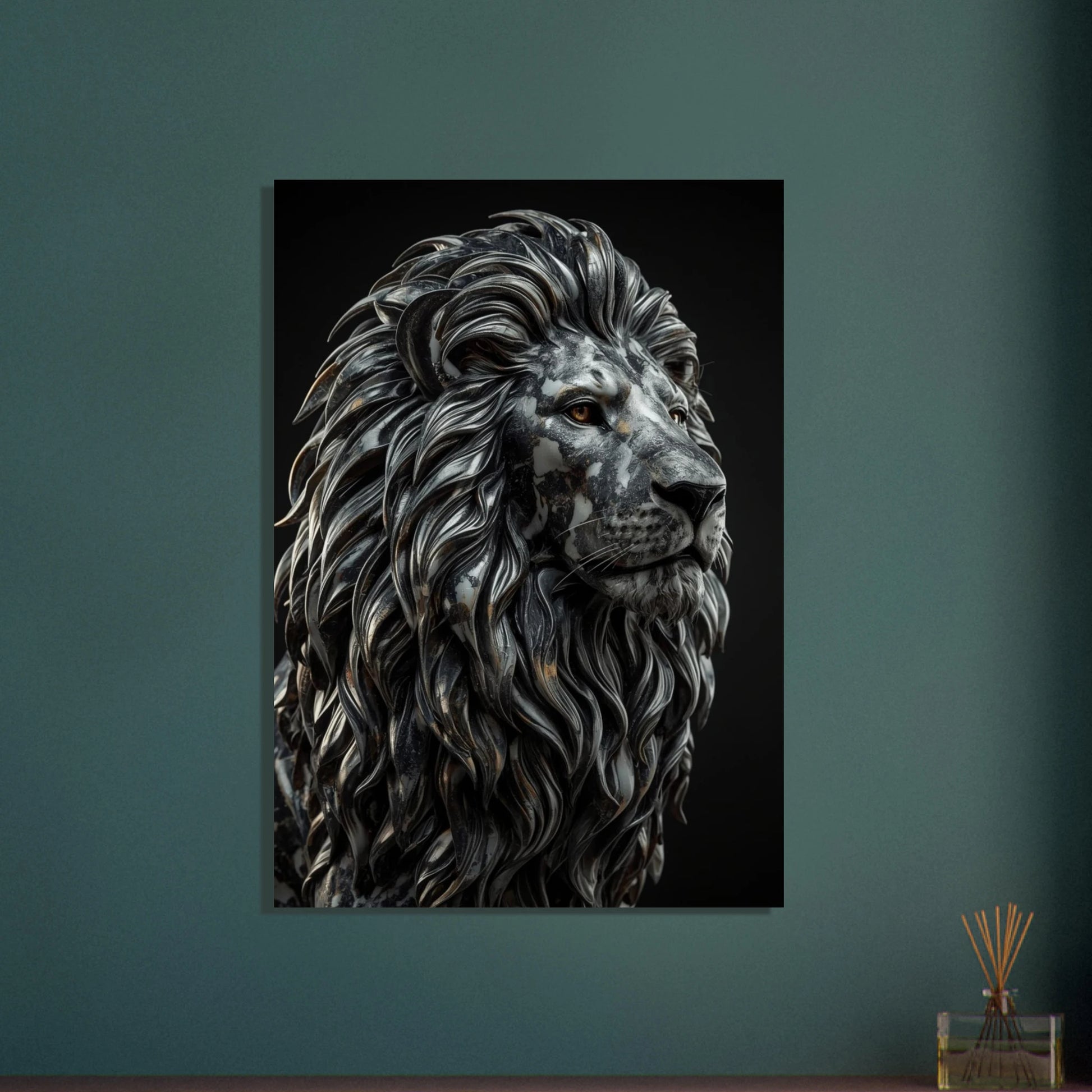 Marmorlejon med detaljerad man, konstnärlig och majestätisk djurposter.
