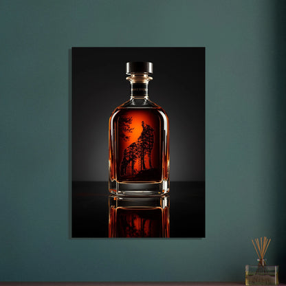 Vargmotiv formad av träd i en whiskyflaska, mystisk stämning