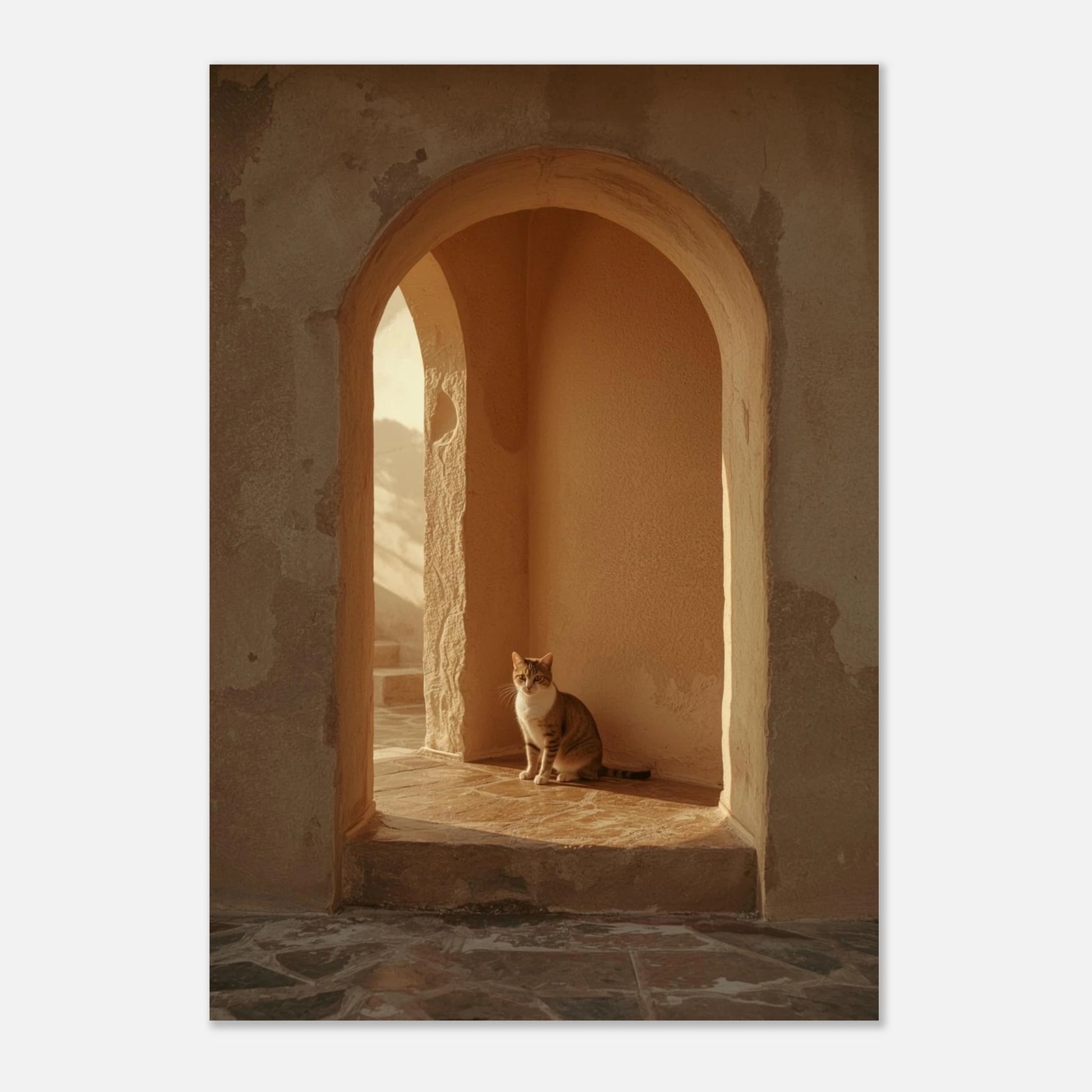 Minimalistisk djurbild med katt i fokus mot en rustik stenmur
