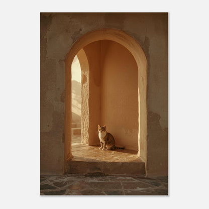 Minimalistisk djurbild med katt i fokus mot en rustik stenmur