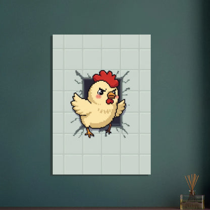 Lekfull pixelkonst kyckling som kikar ut ur en vägg
