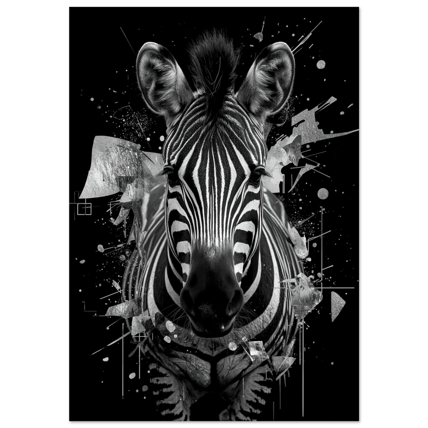 Svartvit zebra i abstrakt grafisk stil med geometriska stänk