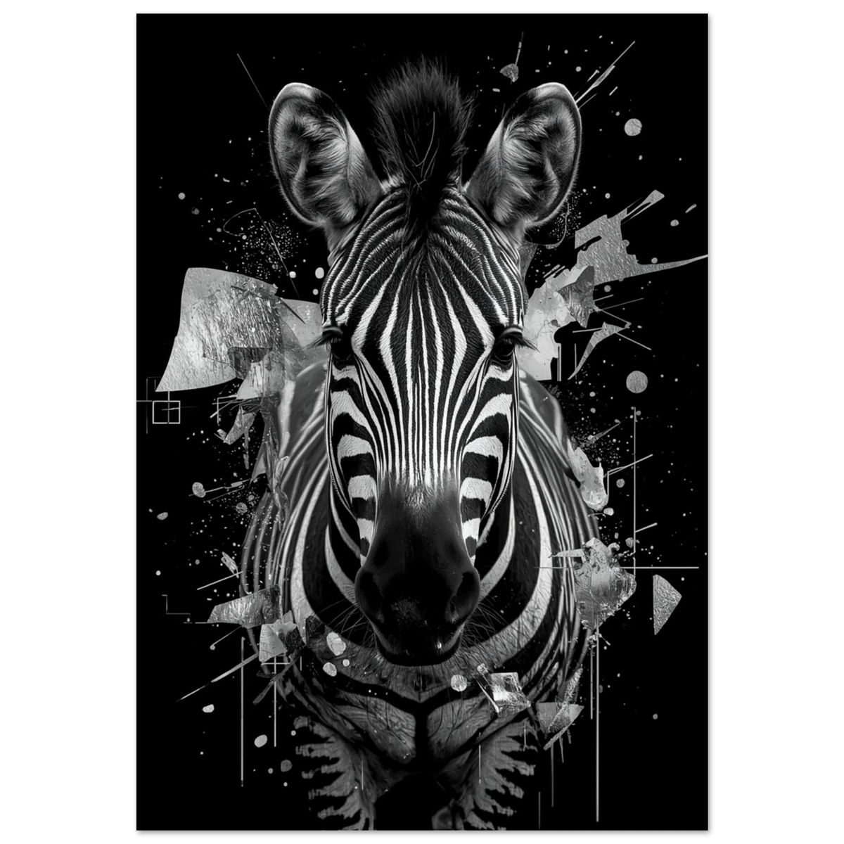 Svartvit zebra i abstrakt grafisk stil med geometriska stänk