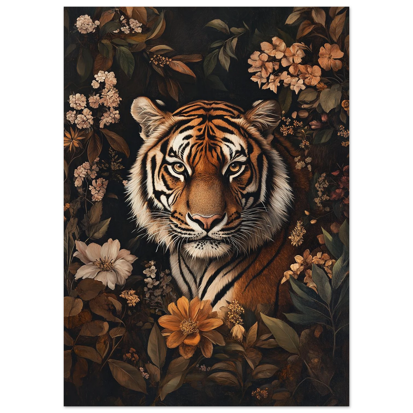 Närbild på en tiger omgiven av bruna blommor och blad