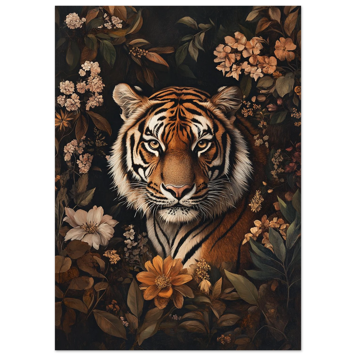 Närbild på en tiger omgiven av bruna blommor och blad