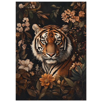 Närbild på en tiger omgiven av bruna blommor och blad
