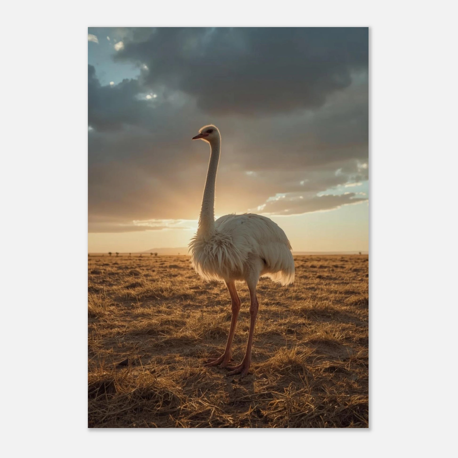 Väggkonst föreställande en vit albinostruts i varmt kvällsljus