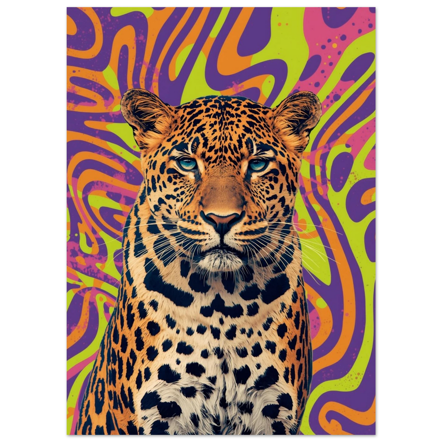Leopardmotiv med vibrerande och kontrasterande färger i en modern tecknad stil – Poster