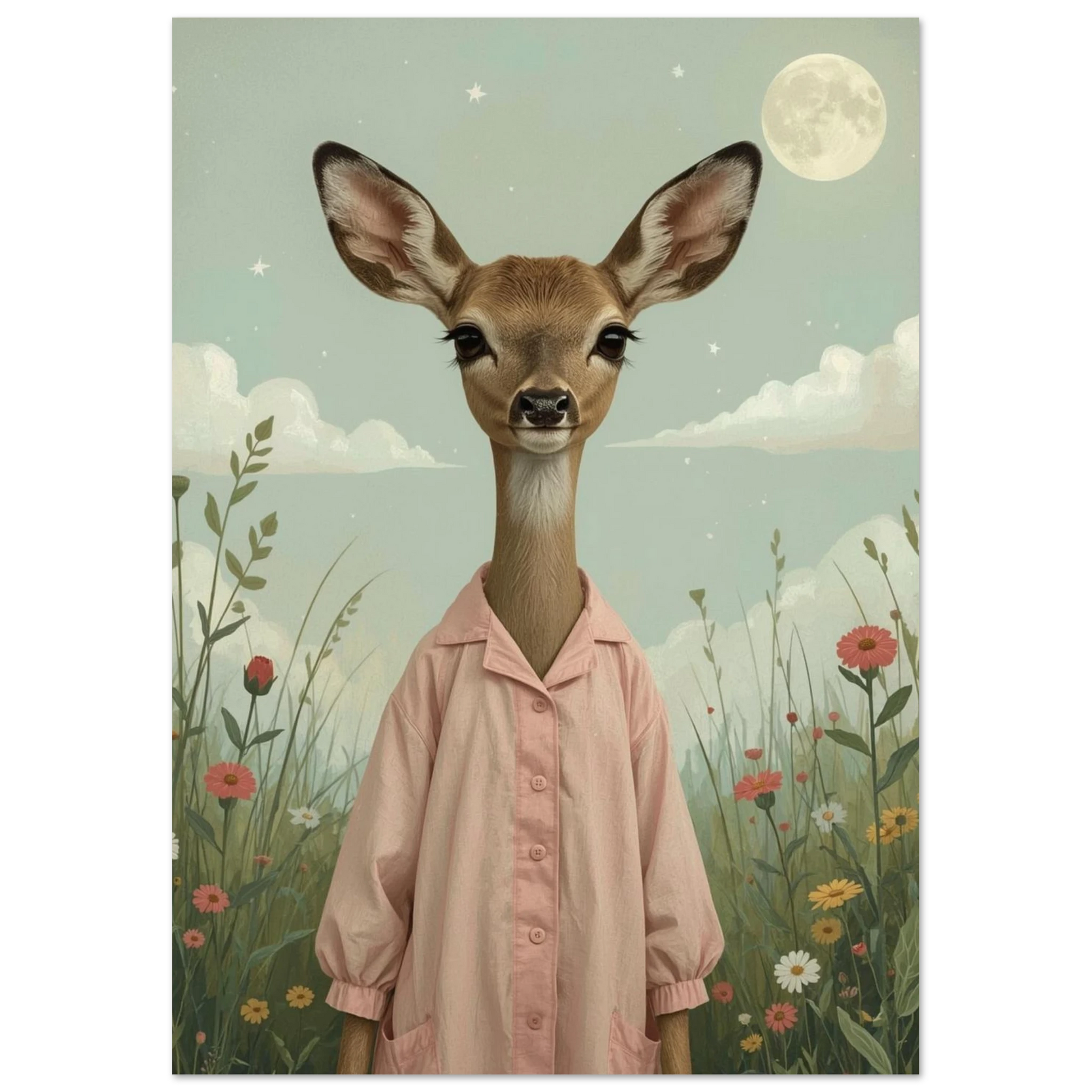 Sagoillustration av rådjur i rosa skjorta bland blommor och stjärnor