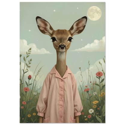 Sagoillustration av rådjur i rosa skjorta bland blommor och stjärnor