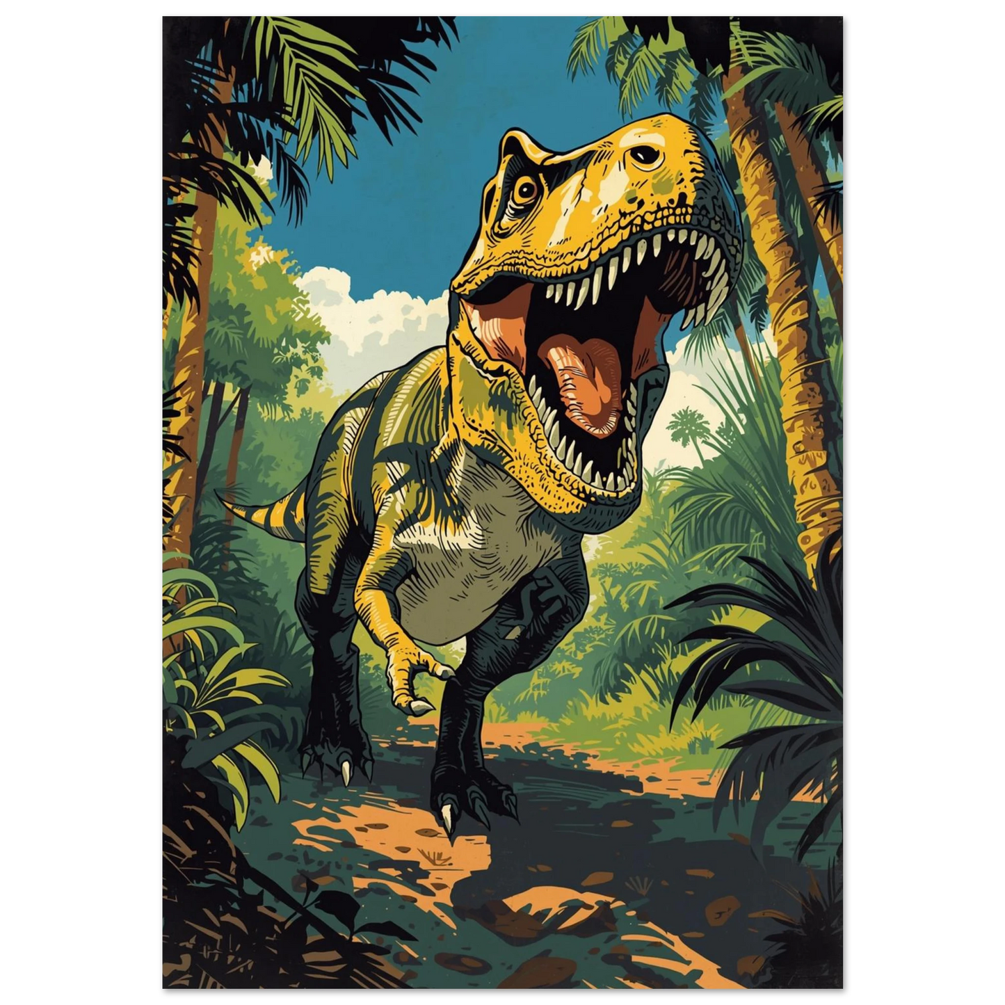 Tyrannosaurus Rex i solbelyst djungel med palmer – färgstark serieillustration